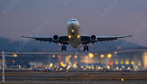 Airplane departure from the ground, flying up in the air on an airport during the evening or night, front view photography. Commercial aircraft flight transport, takeoff or landing