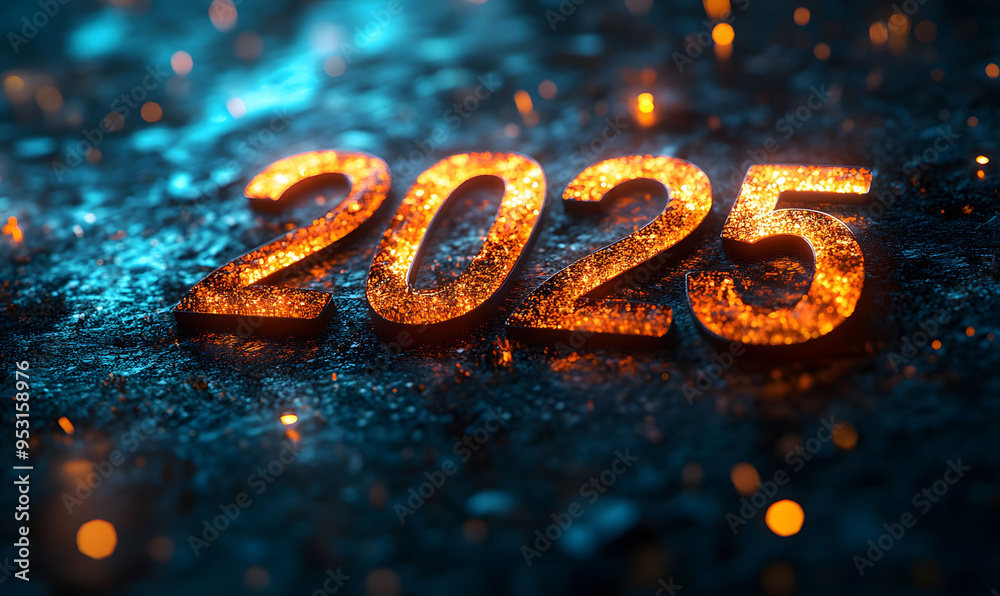 2025 New Year background with gold sparkles, fireworks, and neon lights, celebrating the arrival of the new year.