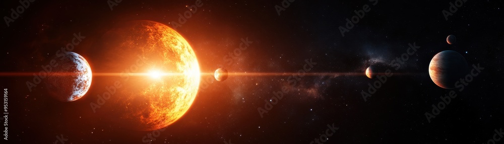 Obraz premium Stunning depiction of planets aligned in space, highlighting the sun's glow and cosmic beauty. Perfect for science and astronomy themes.
