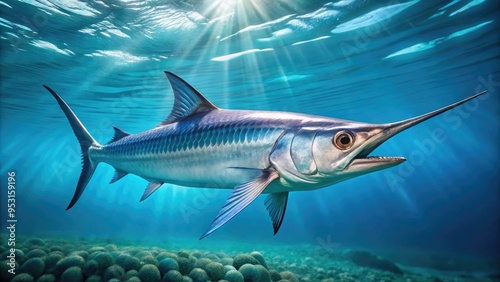 A Long, Slender, Silver Fish With A Pointed Snout And Sharp Teeth, Swimming Through Clear Blue Water. photo