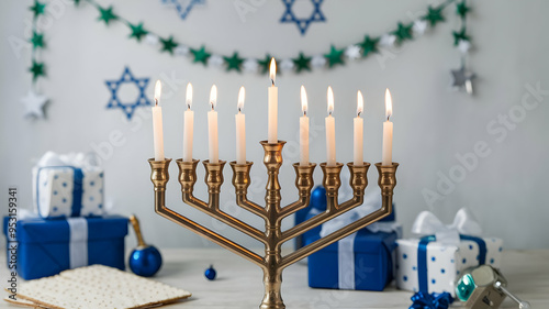 Hanukkah, Glowing Hanukkah Candles, Jewish holiday Hanukkah, Religious holiday art with Happy Hanukkah lettering. 