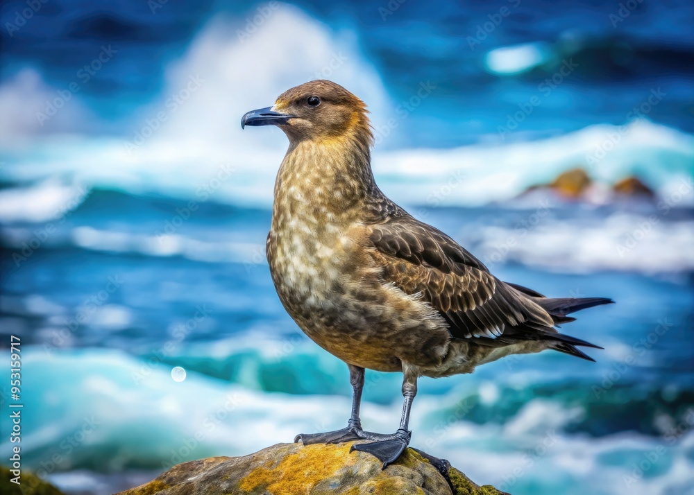 A majestic brown skuas bird with striking white patches on its wings, perched on a rocky coastline, overlooking the vast, turbulent Arctic ocean waters. A majestic brown skuas bird with striking white patches on its wings, perched on a rocky coastline, overlooking the vast, turbulent Arctic ocean waters.
