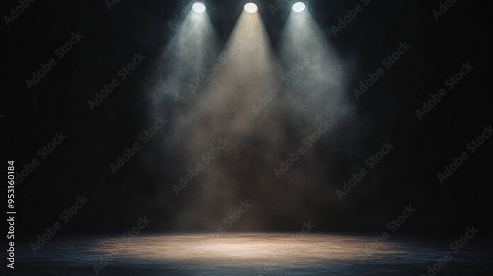 Obraz premium An empty stage illuminated by three spotlight beams creating a dramatic atmosphere.