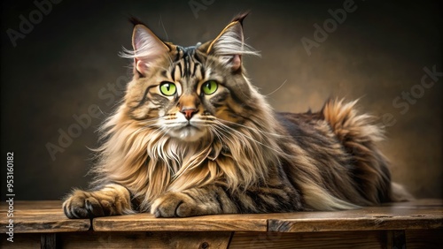 A majestic, fluffy Maine Coon cat with a distinctive shaggy coat and bright green eyes lounges regally on a plush, rustic wooden table. photo