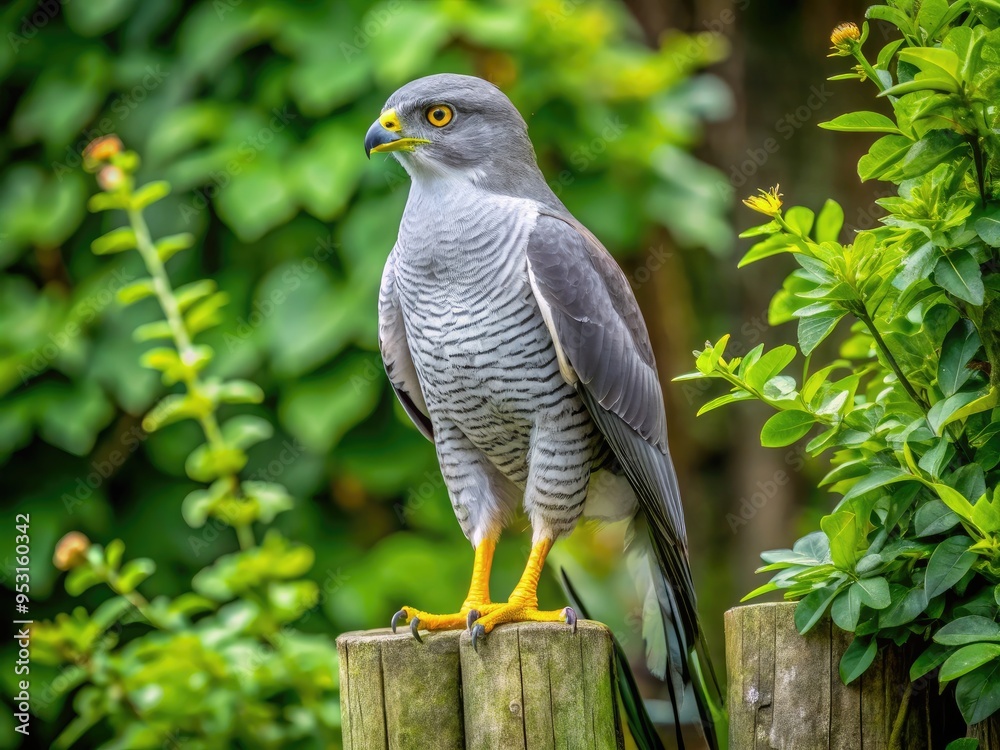 Fototapeta premium A majestic gray hawk with piercing yellow eyes perches on a weathered wooden fence post, surrounded by lush green foliage in a serene rural landscape.