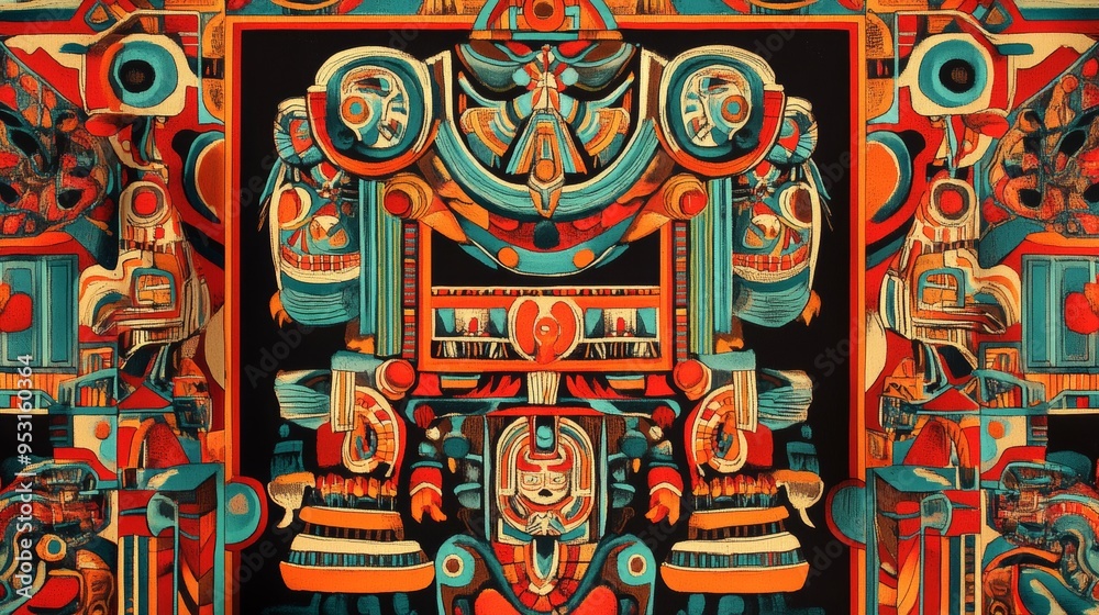 A vibrant South American wallpaper featuring a repeating pattern of traditional Andean textiles in bold colors such as red, orange, and turquoise. The design is bordered by traditional geometric A vibrant South American wallpaper featuring a repeating pattern of traditional Andean textiles in bold colors such as red, orange, and turquoise. The design is bordered by traditional geometric