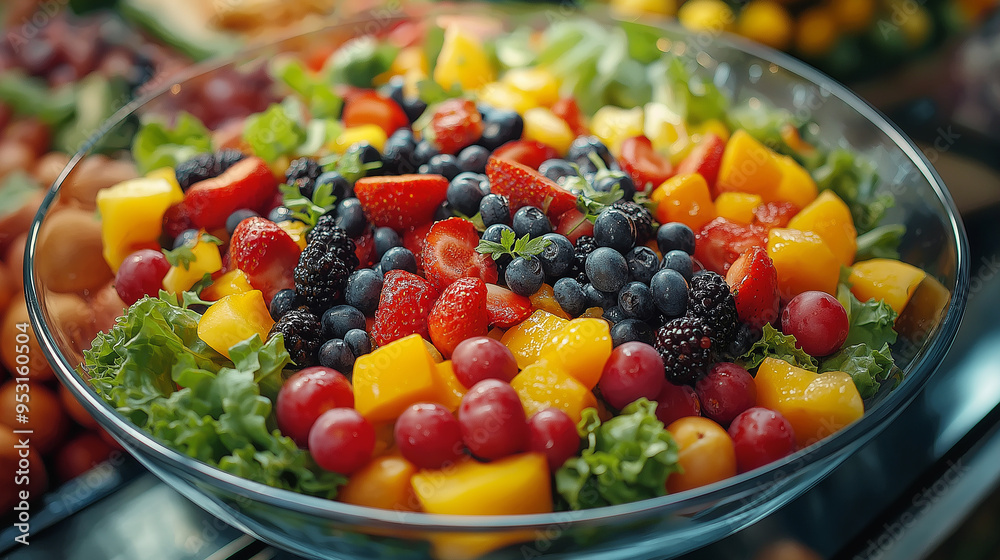Balanced diet presentation with fresh fruits and vegetables, vibrant salad, and colorful smoothie in a clean, organized kitchen Balanced diet presentation with fresh fruits and vegetables, vibrant salad, and colorful smoothie in a clean, organized kitchen