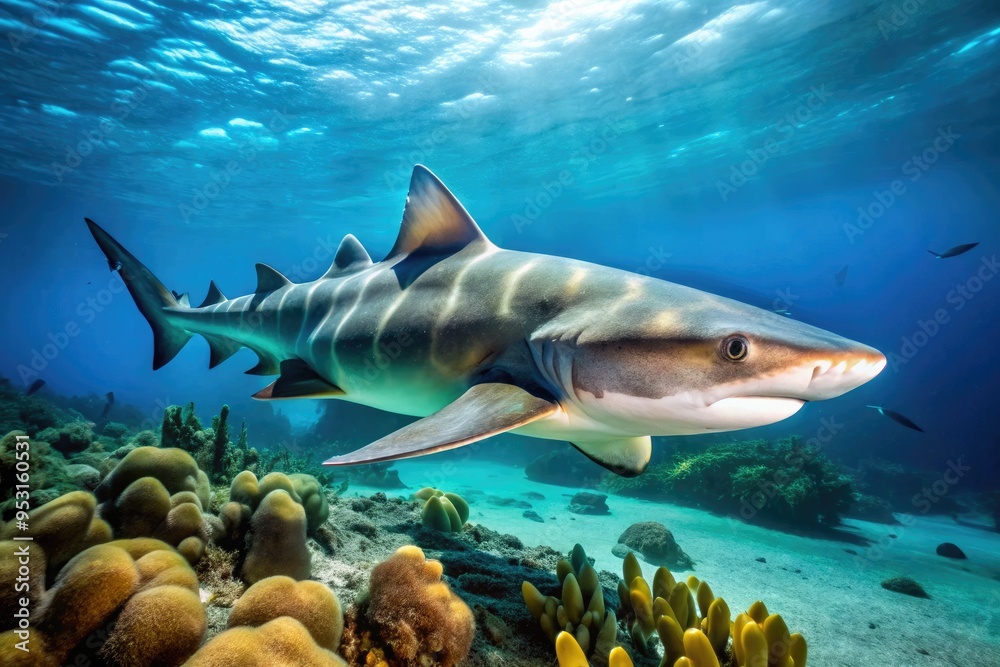 Obraz premium A majestic grey and white Port Jackson shark swims near the ocean floor, its distinctive nose and spotted body blending with the surrounding sea life.