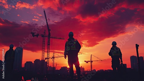 Silhouetted construction workers against a vibrant sunset with cranes in the background.