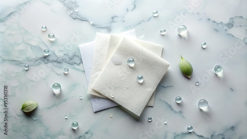 A flat lay of a few sheets of moisturizing blotting papers scattered across a marble surface, 
