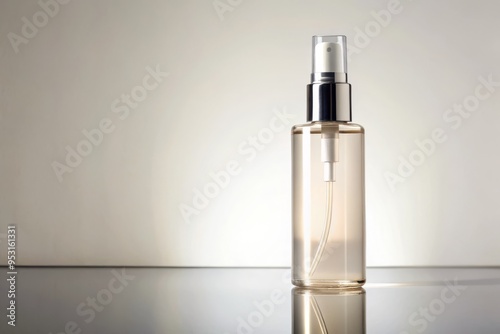 A pristine oil-free setting spray bottle leaning slightly against the edge of the frame, with a hint of subtle reflection on the white surface, adding a touch of realism and tactility to the image.