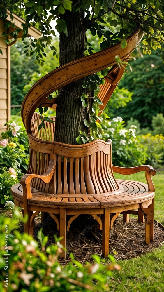 Obraz premium Modern Wooden Garden Bench Encircling Tree: Creative Outdoor Seating Design