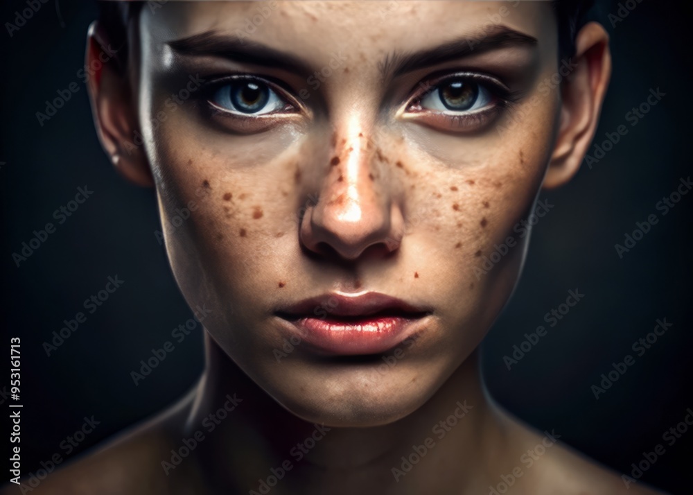 With dramatic, cinematic lighting, a close-up of a person's face is captured, accentuating the pores, blemishes With dramatic, cinematic lighting, a close-up of a person's face is captured, accentuating the pores, blemishes
