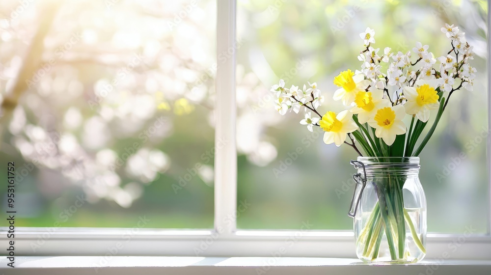 A beautiful bouquet of yellow daffodils and white flowers arranged in a glass jar by the window, radiating fresh spring vibes. A beautiful bouquet of yellow daffodils and white flowers arranged in a glass jar by the window, radiating fresh spring vibes.