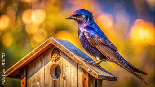 A majestic purple martin perches on a rusty metal rod of a birdhouse, its iridescent feathers glistening in the warm sunlight of a serene rural landscape. photo