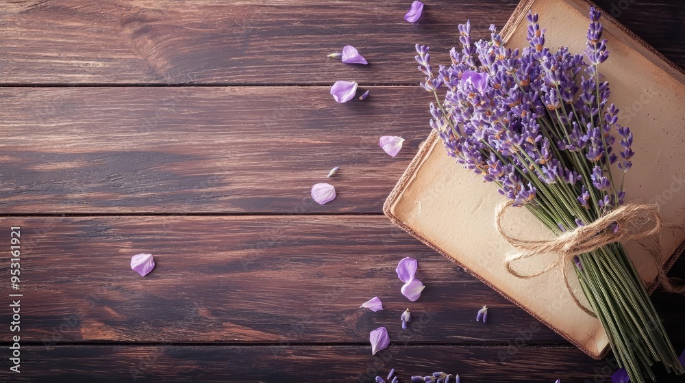 Obraz premium A beautiful bouquet of lavender on rustic wood with scattered petals and aged paper, evoking a serene and calming ambiance.