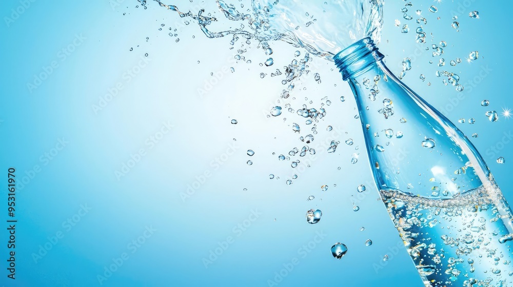 A refreshing image of water splashing out of a bottle against a serene blue background, capturing the essence of hydration. A refreshing image of water splashing out of a bottle against a serene blue background, capturing the essence of hydration.