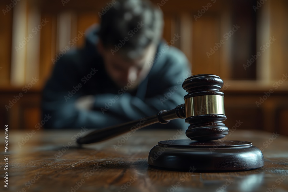 Close-up of a gavel on a table with a blurred, sorrowful defendant man in the background at a court. A wooden judge's hammer in a tribunal room. Close-up of a gavel on a table with a blurred, sorrowful defendant man in the background at a court. A wooden judge's hammer in a tribunal room.