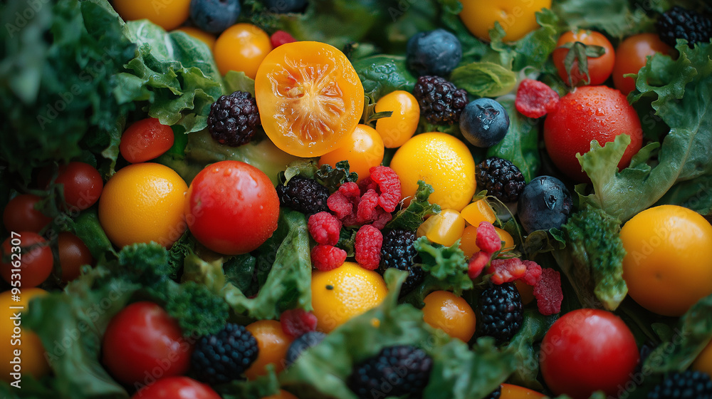 Balanced diet presentation with fresh fruits and vegetables, vibrant salad, and colorful smoothie in a clean, organized kitchen Balanced diet presentation with fresh fruits and vegetables, vibrant salad, and colorful smoothie in a clean, organized kitchen