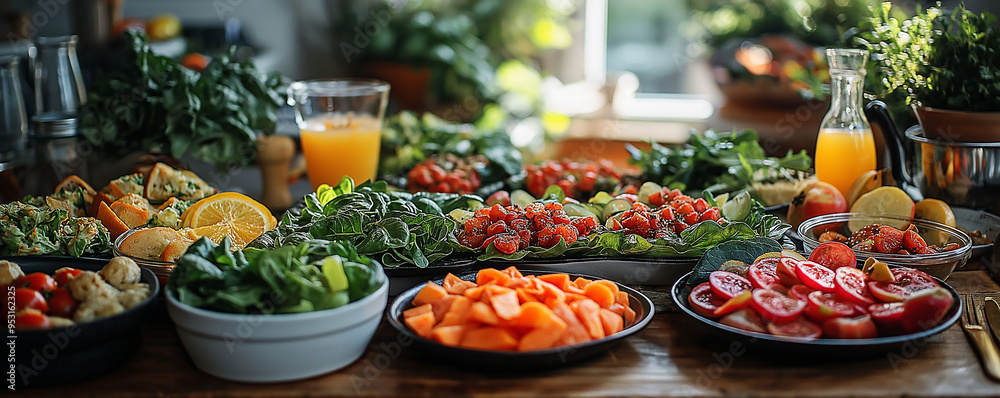 Balanced diet presentation with fresh fruits and vegetables, vibrant salad, and colorful smoothie in a clean, organized kitchen Balanced diet presentation with fresh fruits and vegetables, vibrant salad, and colorful smoothie in a clean, organized kitchen