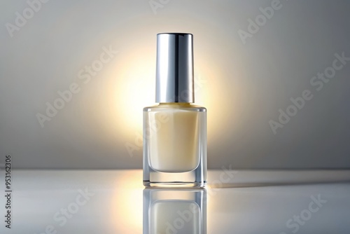 A beautifully lit and minimalist image of a single nail strengthener bottle, placed on a white background with a subtle gradient effect to enhance its shape and label colors