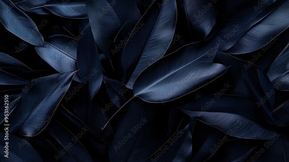 Obraz premium A close-up of dark blue leaves creating a serene and moody atmosphere.