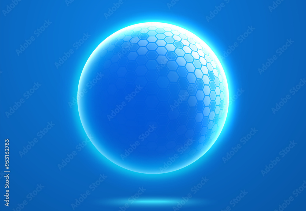 Spherical protective energy dome on blue background. Shield of cybersecurity, internet safety, healthcare.
