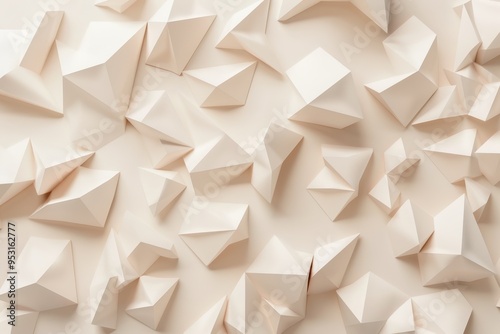 Geometric Serenity, a 3D rendering featuring a white background adorned with diverse shapes and textures in light beige, embodying a low poly aesthetic.