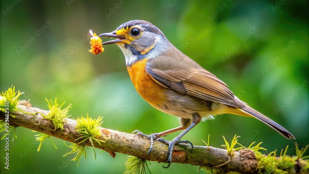 A Medium-Sized Songbird With A Hooked Beak Is Perched On A Branch With A Caught Insect In Its Mouth. A Medium-Sized Songbird With A Hooked Beak Is Perched On A Branch With A Caught Insect In Its Mouth.