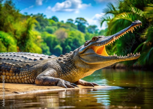 A massive gharial crocodile basks on a sunny riverbank, its long slender snout and razor-sharp teeth a testament to its ancient, misunderstood majesty. photo