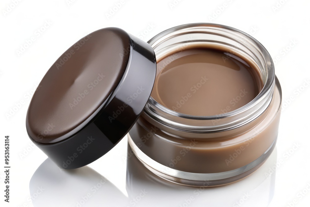 On a gleaming white background, a jar of brow pomade is positioned at a 45-degree angle, with a combination of natural and artificial light sources to create a sense of warmth and sophistication. On a gleaming white background, a jar of brow pomade is positioned at a 45-degree angle, with a combination of natural and artificial light sources to create a sense of warmth and sophistication.