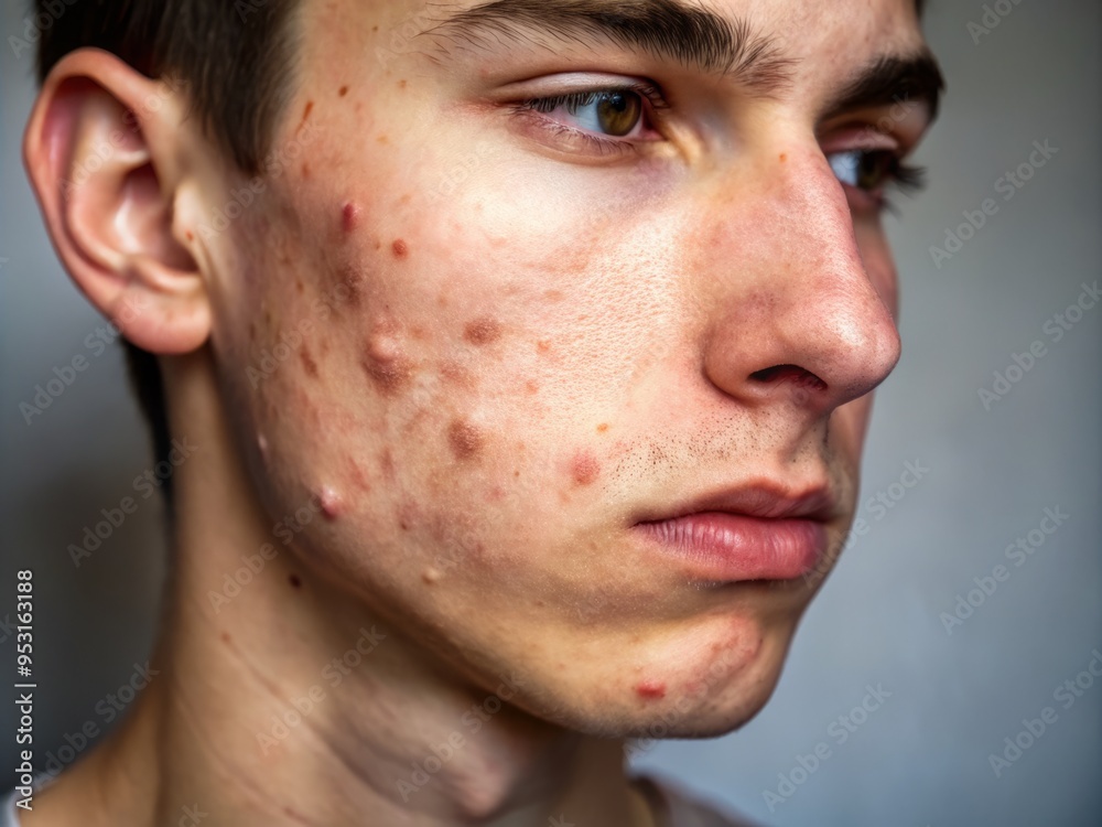 Obraz premium A person's face with acne scars, lit from the side to accentuate the texture and unevenness of the skin, warm tone to convey a sense of vulnerability.