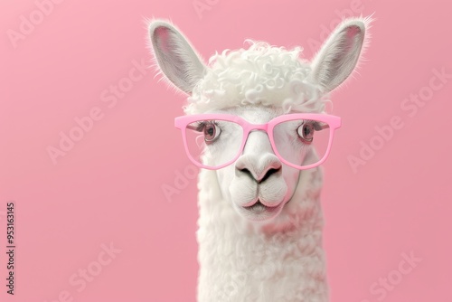 Charming cartoon curly llama with glasses, playful expression, set against a soft pink backdrop, ideal for children's themes and illustrations, vibrant and engaging design. photo