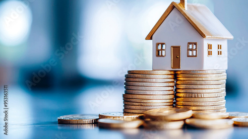 Home Sweet Home: A small white model house sits atop a towering stack of golden coins, symbolizing the financial stability and aspirations of homeownership. The image evokes a sense of security, wealt photo