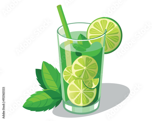 Lemon lime green mojito with mint leaves, vector illustration