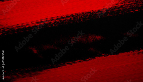 Abstract design of two bold red brush stroke hand painted ink paint diagonal stripes as frame and a black in the middle, grunge destress mockup template poster. photo