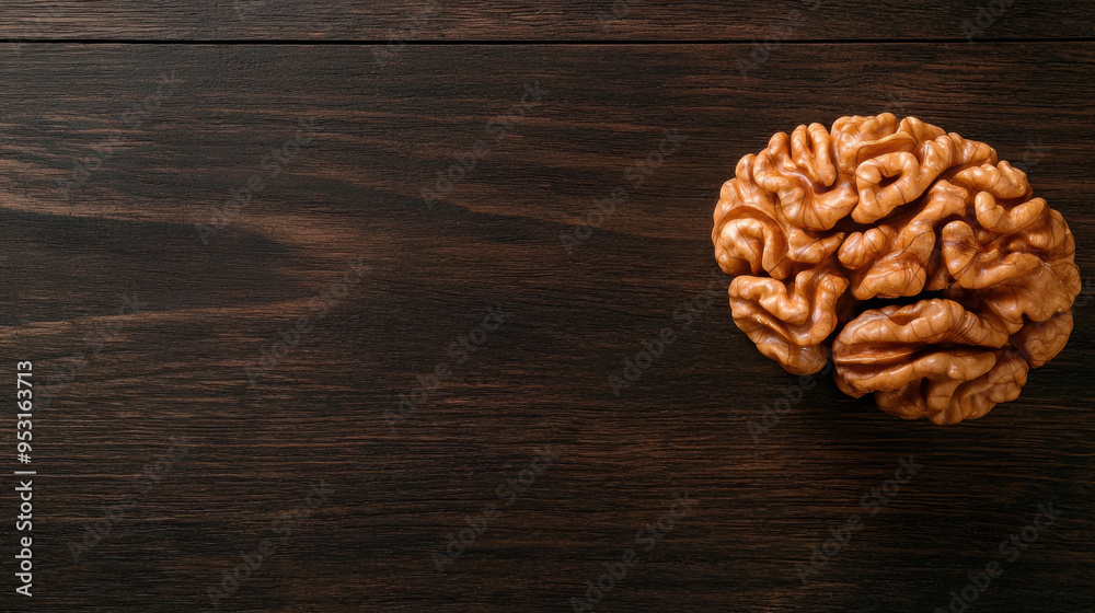 Closeup of walnuts shaped like a brain on a rustic wooden table, natural brain food, symbolic imagery Closeup of walnuts shaped like a brain on a rustic wooden table, natural brain food, symbolic imagery