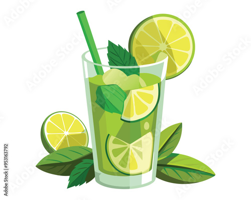 Lemon lime green mojito with mint leaves, vector illustration