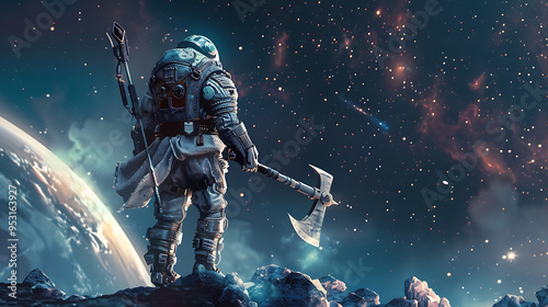 Futuristic Viking Warrior in Space Suit Wielding Energy Axe on Distant Planet with Stars Background