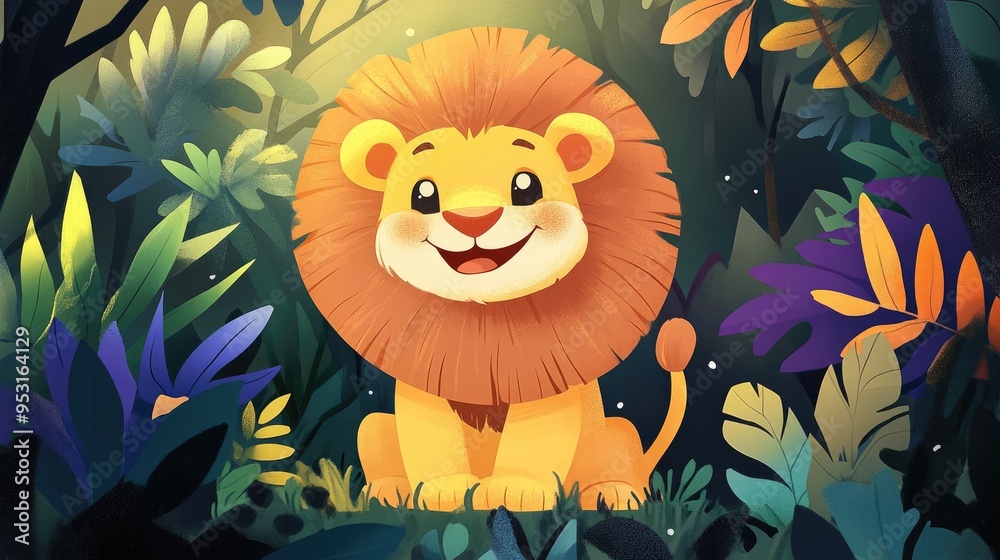 A cheerful cartoon lion with a friendly smile, sitting in a jungle setting, surrounded by vibrant plants and trees. A cheerful cartoon lion with a friendly smile, sitting in a jungle setting, surrounded by vibrant plants and trees.