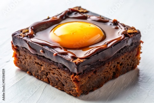 Vibrant, high-contrast image of a half-baked brownie with an egg cracked into its center, surrounded by crispy edges and a pool of velvety chocolate sauce on a spotless white surface. photo