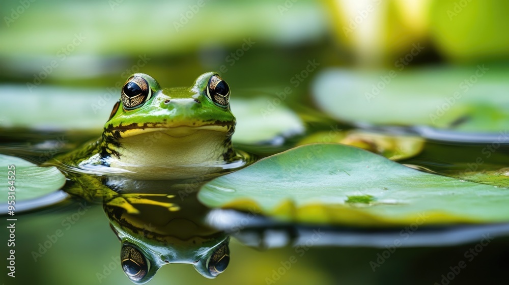 A close-up of a frog sitting on a lily pad, with the water reflecting its green skin and the surrounding plants, capturing the essence of pond life A close-up of a frog sitting on a lily pad, with the water reflecting its green skin and the surrounding plants, capturing the essence of pond life