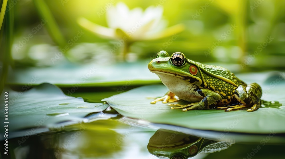 A close-up of a frog sitting on a lily pad, with the water reflecting its green skin and the surrounding plants, capturing the essence of pond life A close-up of a frog sitting on a lily pad, with the water reflecting its green skin and the surrounding plants, capturing the essence of pond life