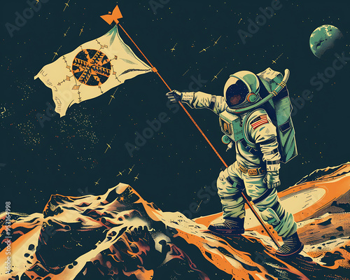 Viking Astronaut Claiming New World: Exoplanet Exploration with Norse Emblem Flag Planting in Futuristic Space Suit,Pop Art Portraits