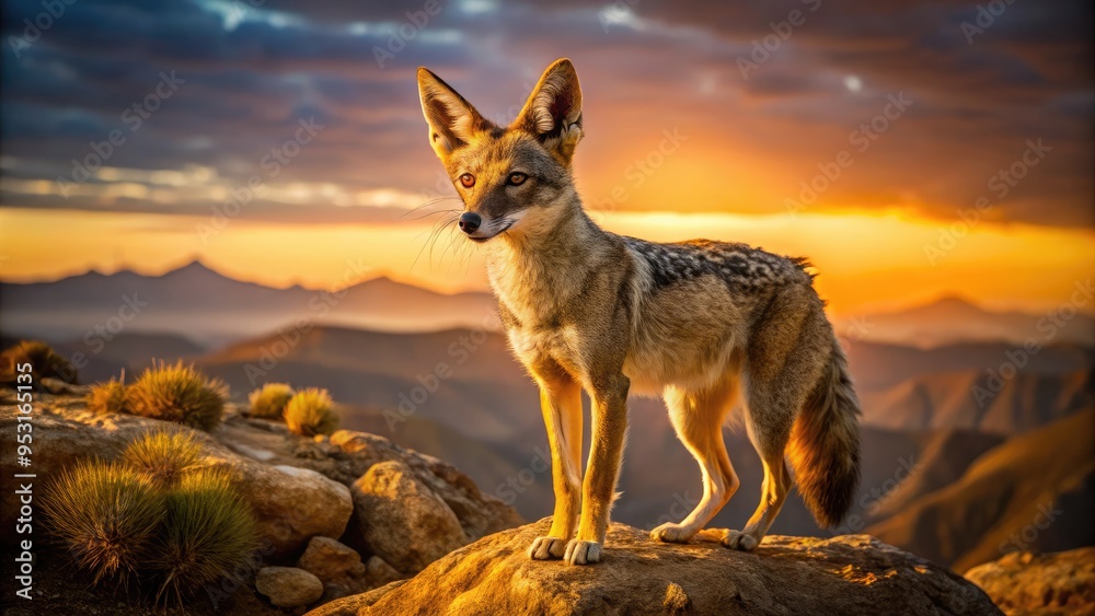 A sleek, golden-coated jackal with piercing yellow eyes and upright ears stands alertly on a rocky outcropping, set against a dramatic sunset-lit desert landscape. A sleek, golden-coated jackal with piercing yellow eyes and upright ears stands alertly on a rocky outcropping, set against a dramatic sunset-lit desert landscape.