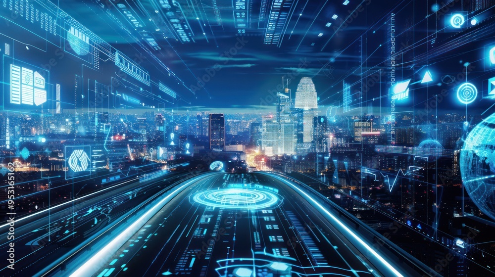 Futuristic Cityscape with Digital Interface Futuristic Cityscape with Digital Interface