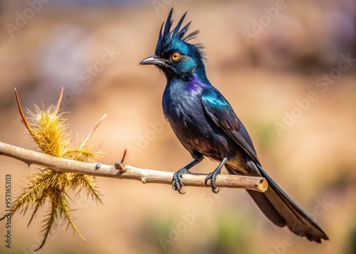 A sleek, iridescent Phainopepla bird perches on a branch against a blurred desert landscape, its black plumage glistening with subtle purple and blue undertones. photo