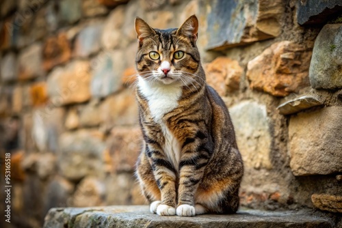 A sleek, tailless feline with a stocky build and short, dense coat, often in a variety of colors, sits poised on a weathered stone wall. photo