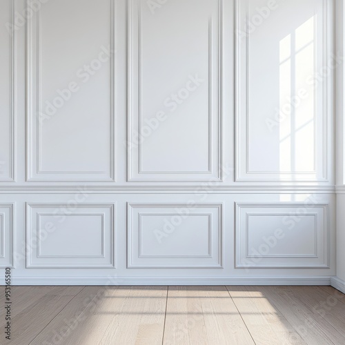 Empty white room with sunlight streaming through window, minimalistic interior 