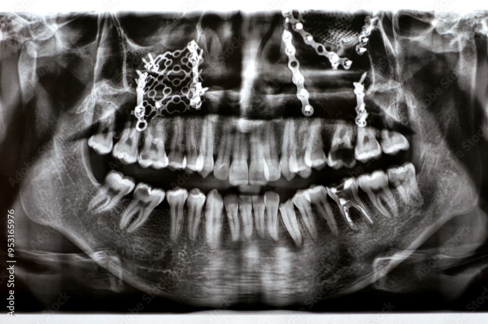 Panoramic X Ray shows multiple plates, screws for maxillary fixation of ...